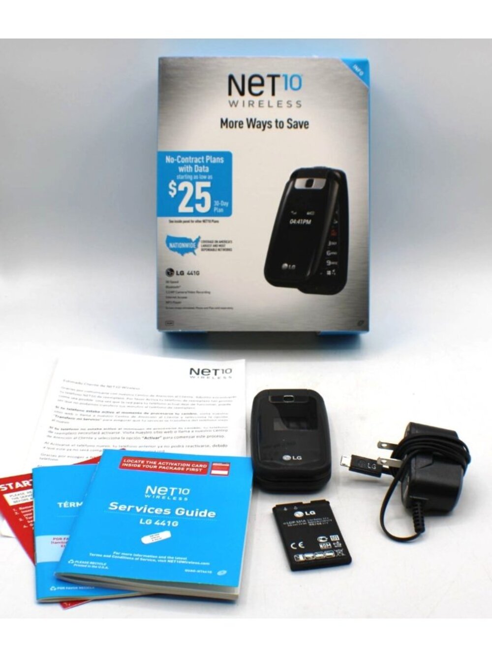 LG 441G Flip Phone Net10 Wireless 3G Bluetooth Camera MP3 GSM Charger Orig Box